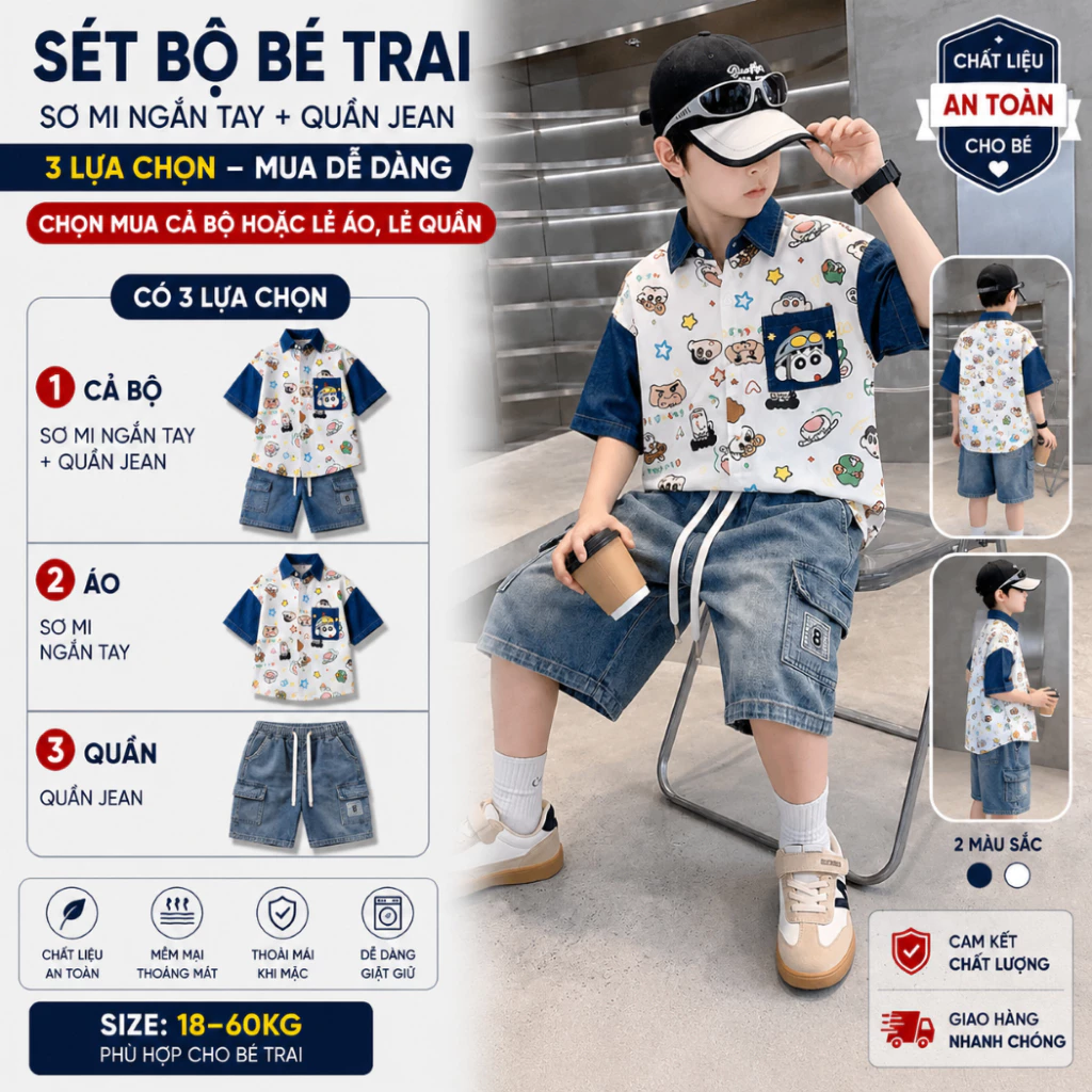 Sét Bộ Bé Trai Shin Cậu Bé Bút Chì - Áo Sơ Mi Cộc Tay Mix Quần Jean Ngố Siêu Ngầu (18kg - 60kg)-----------