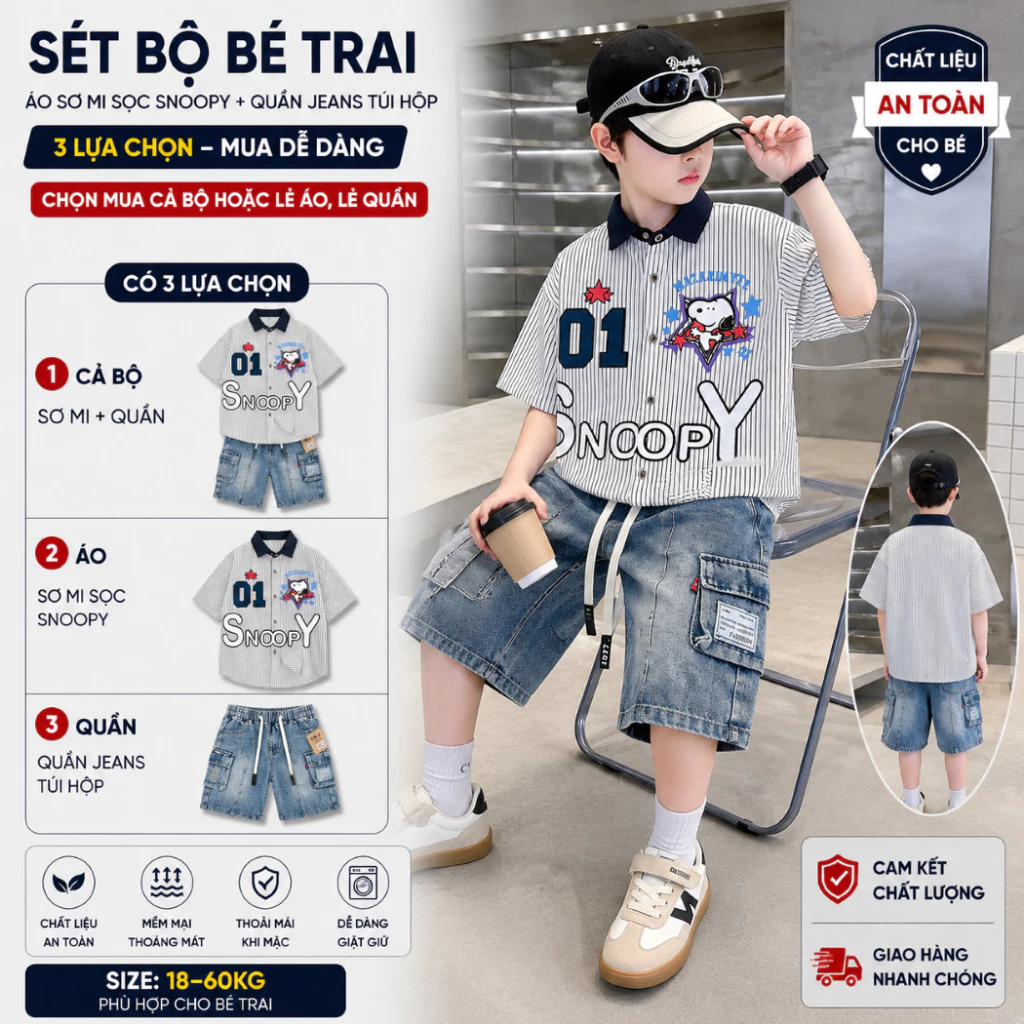 Set Áo Sơ Mi Sọc Snoopy Mix Quần Jean Ngố Phong Cách Hàn Quốc Cho Bé Trai 18kg - 60kg Thoải Mái Thời Trang-----