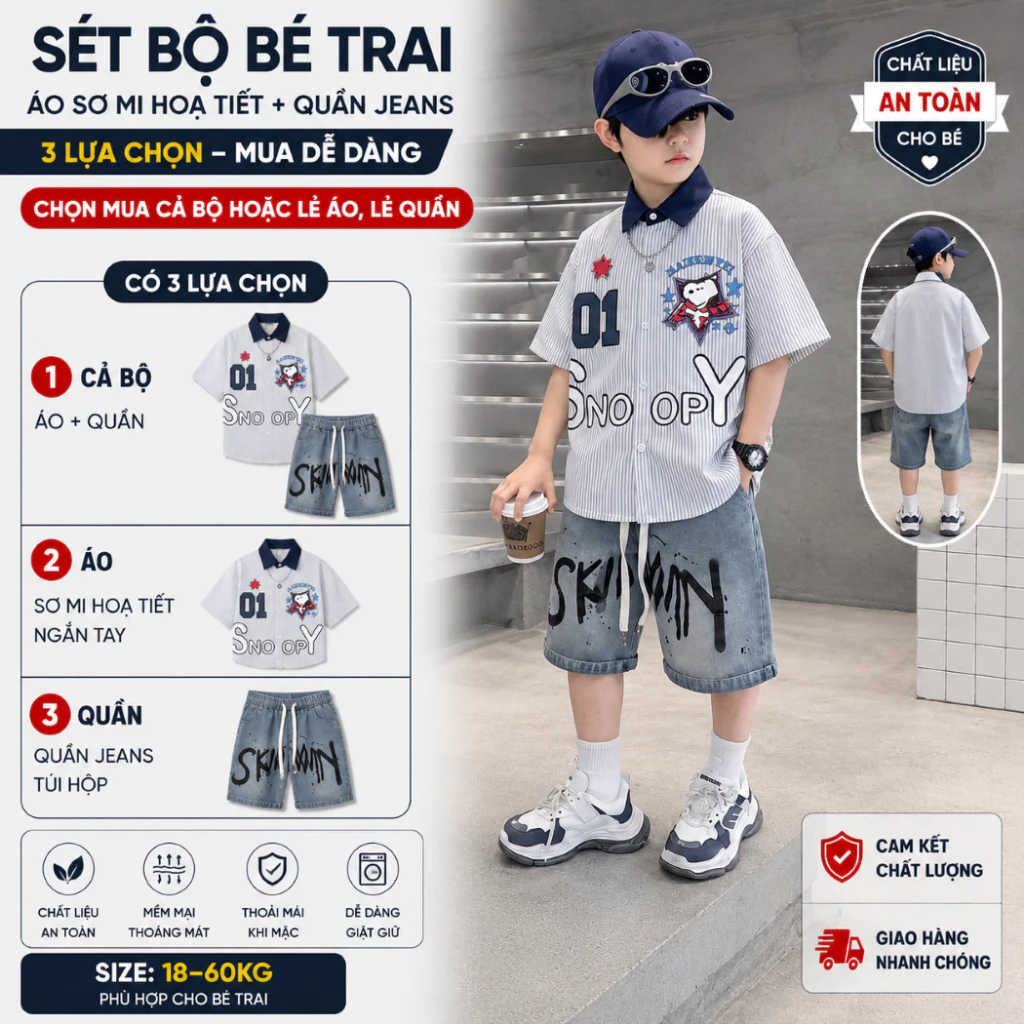 Set Áo Sơ Mi Sọc Snoopy Mix Quần Jean Ngố Phong Cách Hàn Quốc Cho bé trai 18kg - 60kg Thoải Mái--------