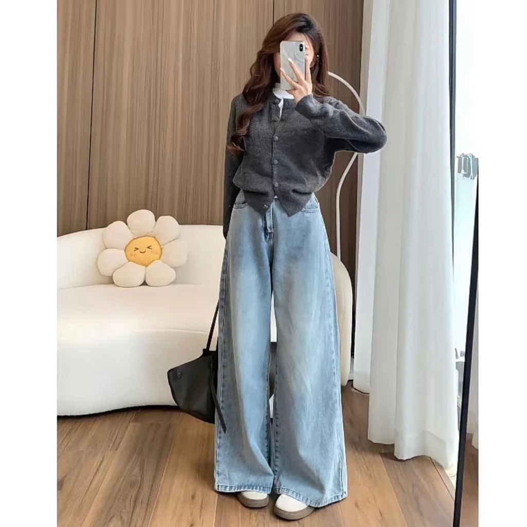Quần jean ống rộng trơn lưng cao basic tôn dáng dễ phối đồ