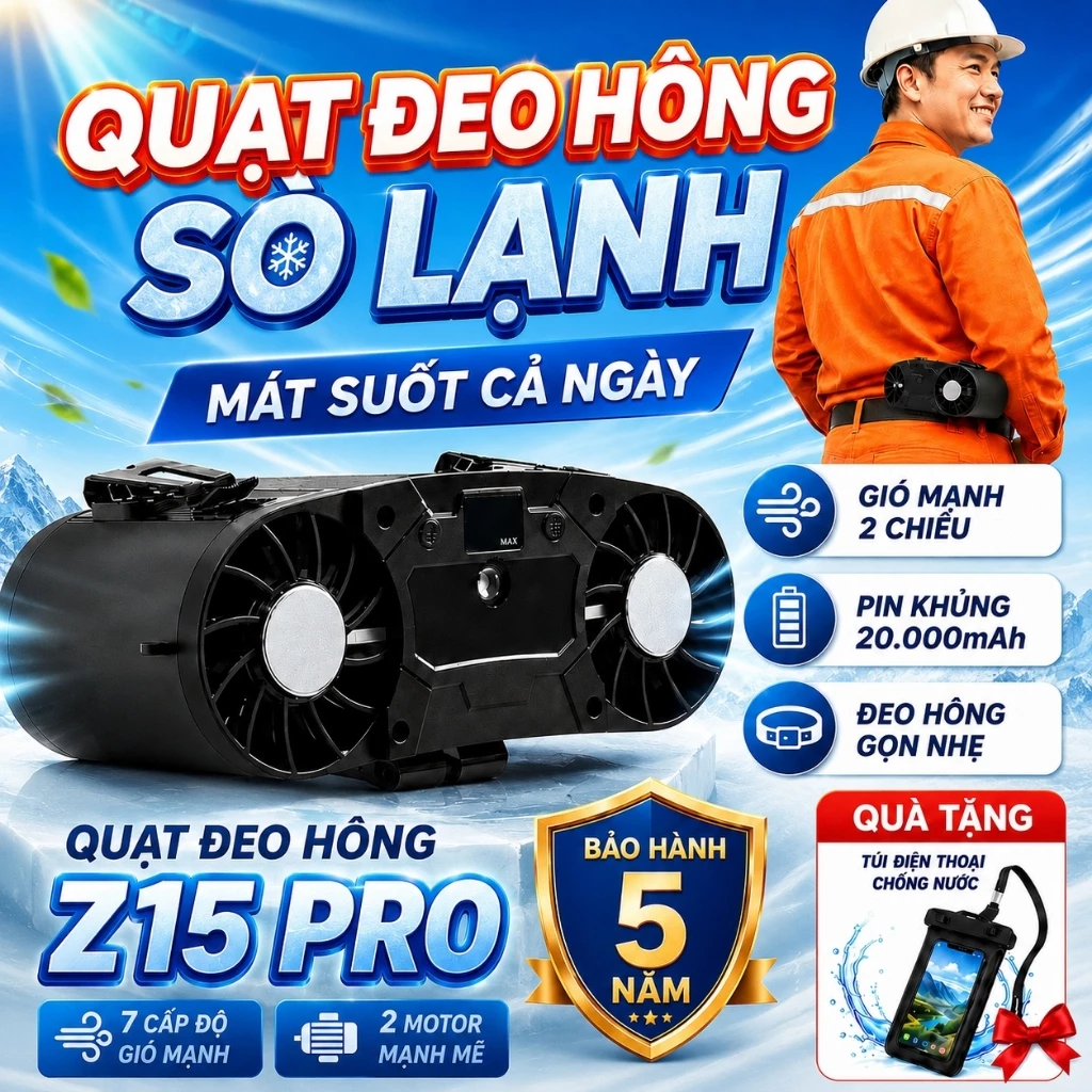 Quạt Đeo Thắt Lưng Sò Lạnh Z15 Pro 20000mAh – Quạt Đeo Hông 2 Cửa Gió, Pin Trâu Làm Mát Cực Nhanh