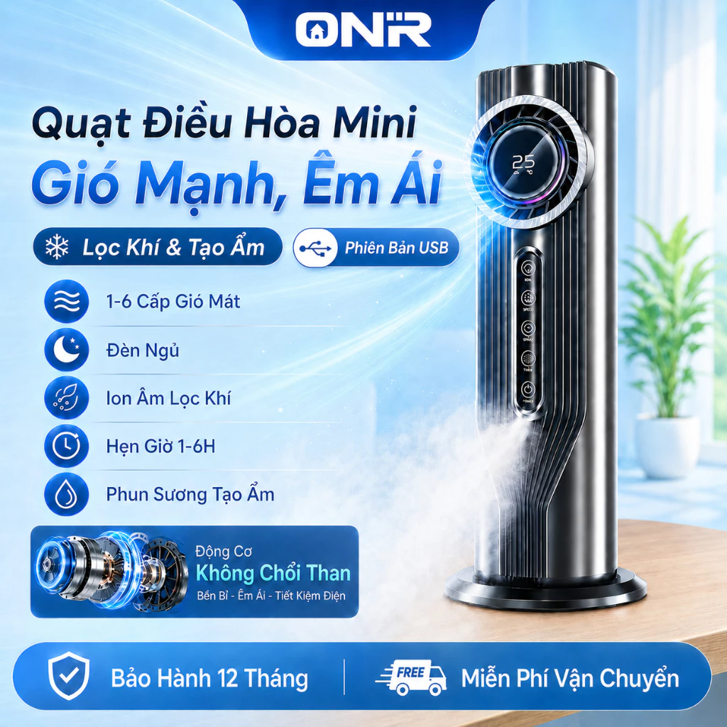 Quạt Điều Hòa Phun Sương Mini Để Bàn USB, Màn Hình HD, Hẹn Giờ 1-6H, Ion Âm, Động Cơ Không Chổi Than
