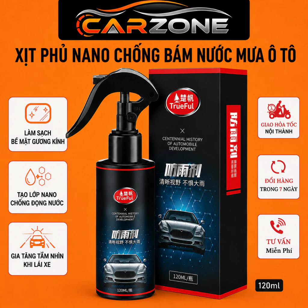 Nano Xịt Kính Chống Bám Nước Mưa CARZONE 120ml - Phủ Nano Kính Lái Ô Tô, Chống Đọng Nước Hiệu Quả