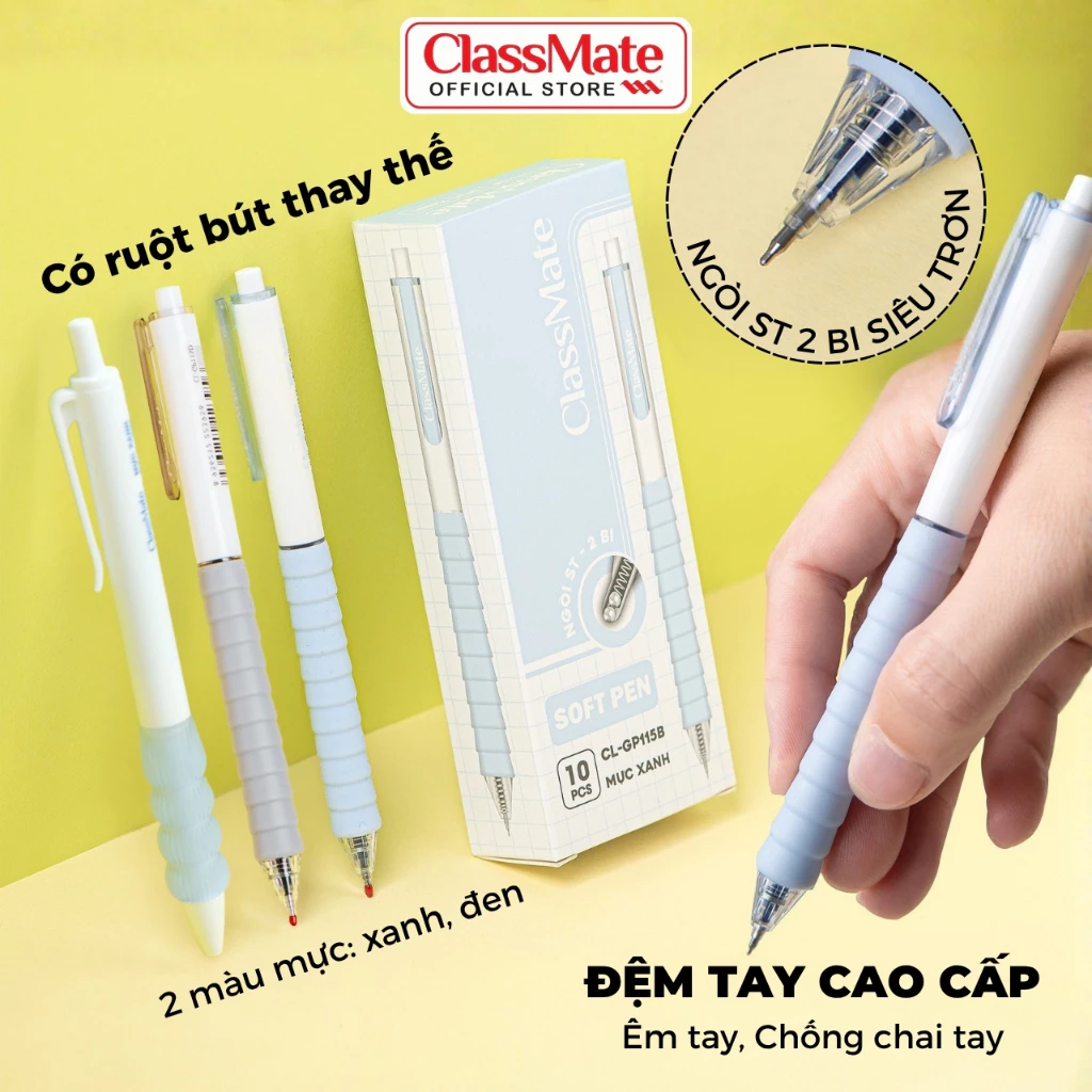 Hộp 10 Bút Gel Classmate Bút Nước Bấm Ngòi ST 2 Bi 0.5mm Xanh Đen Nhanh Khô Bút Gel Press Đệm Tay Êm Ái Ghi Chép