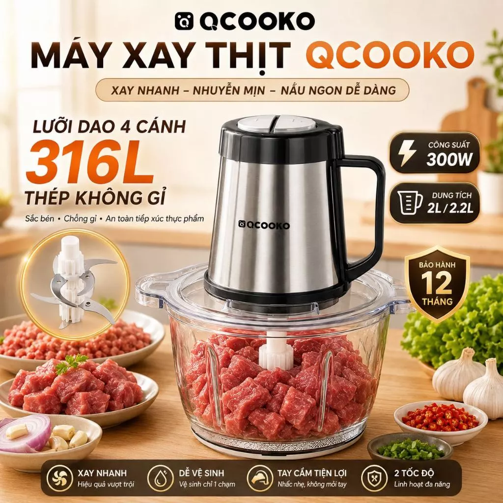 [Tặng Đầu Đánh Ruốc] Máy xay thịt Qcooko, Máy xay thực phẩm đa năng, bóc hành tỏi, công suất 300W, cối thủy tinh dày dặn