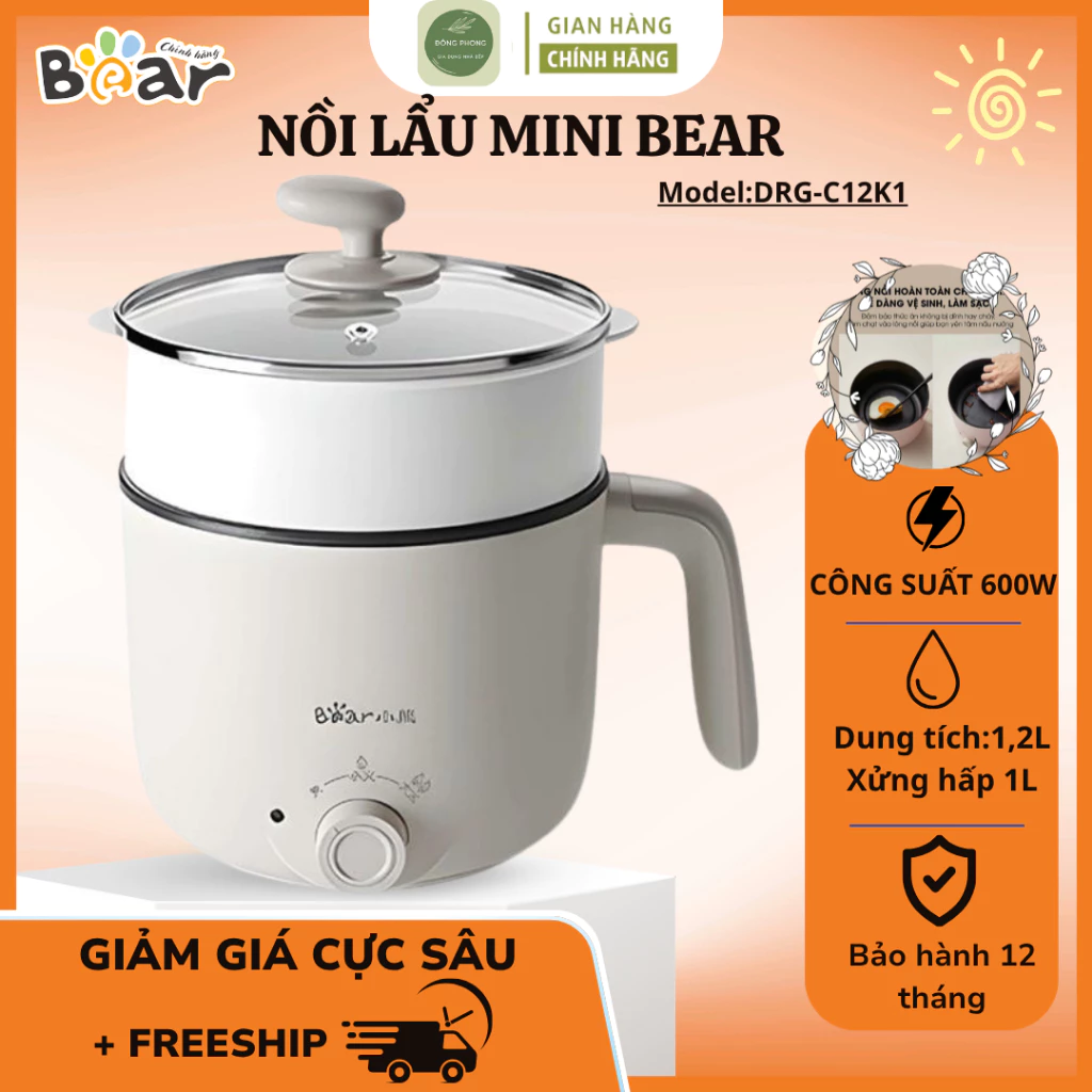 Nồi Lẩu Bear DRG-C12K1 Nấu Lẩu Hấp Đa Năng 2 Trong 1, Hai Mức Nhiệt Linh Hoạt, Phù Hợp Nhu Cầu Hằng Ngày - Đông Phong