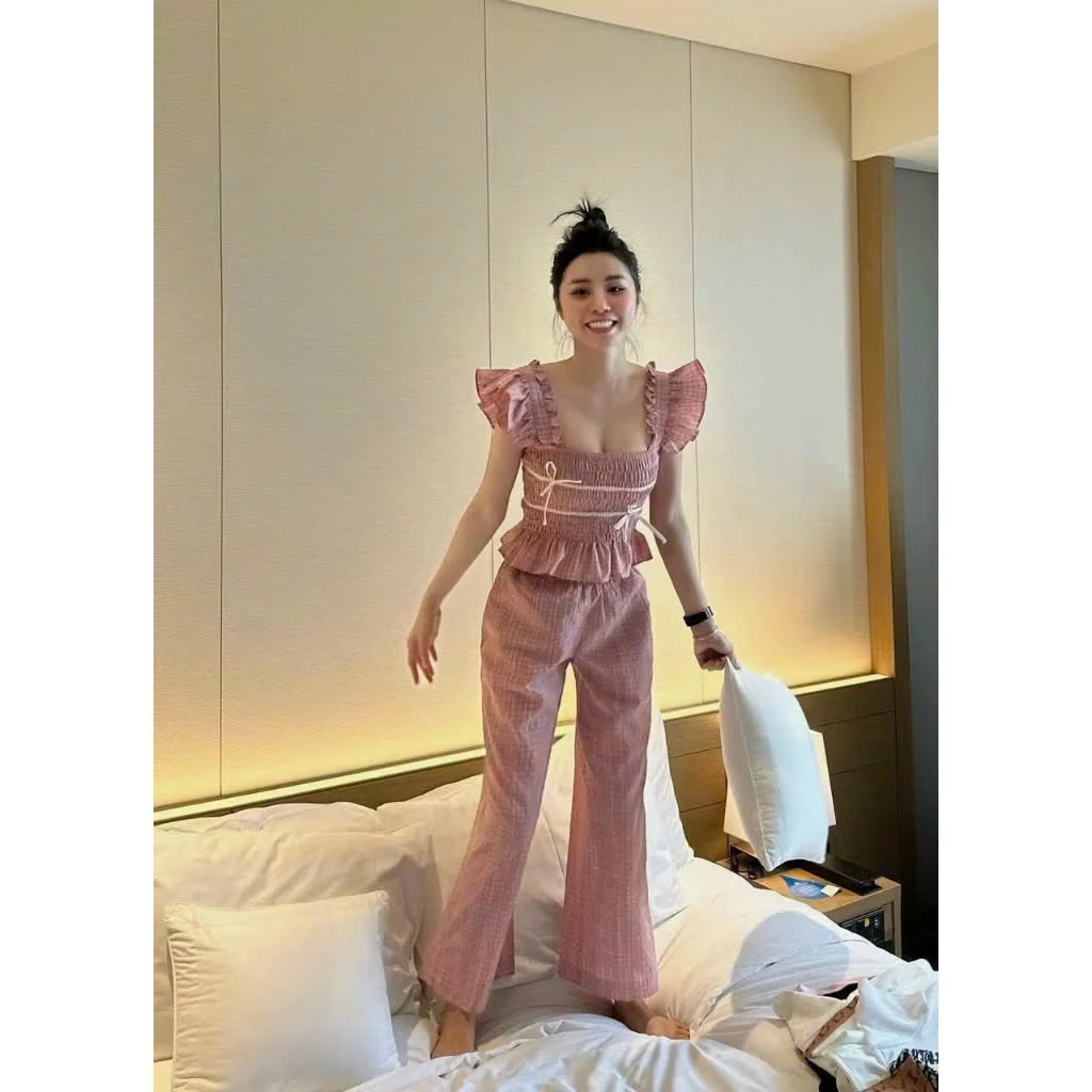 Đồ bộ nữ đồ mặc nhà, đồ ngủ nữ dễ thương đũi karo dạo phố