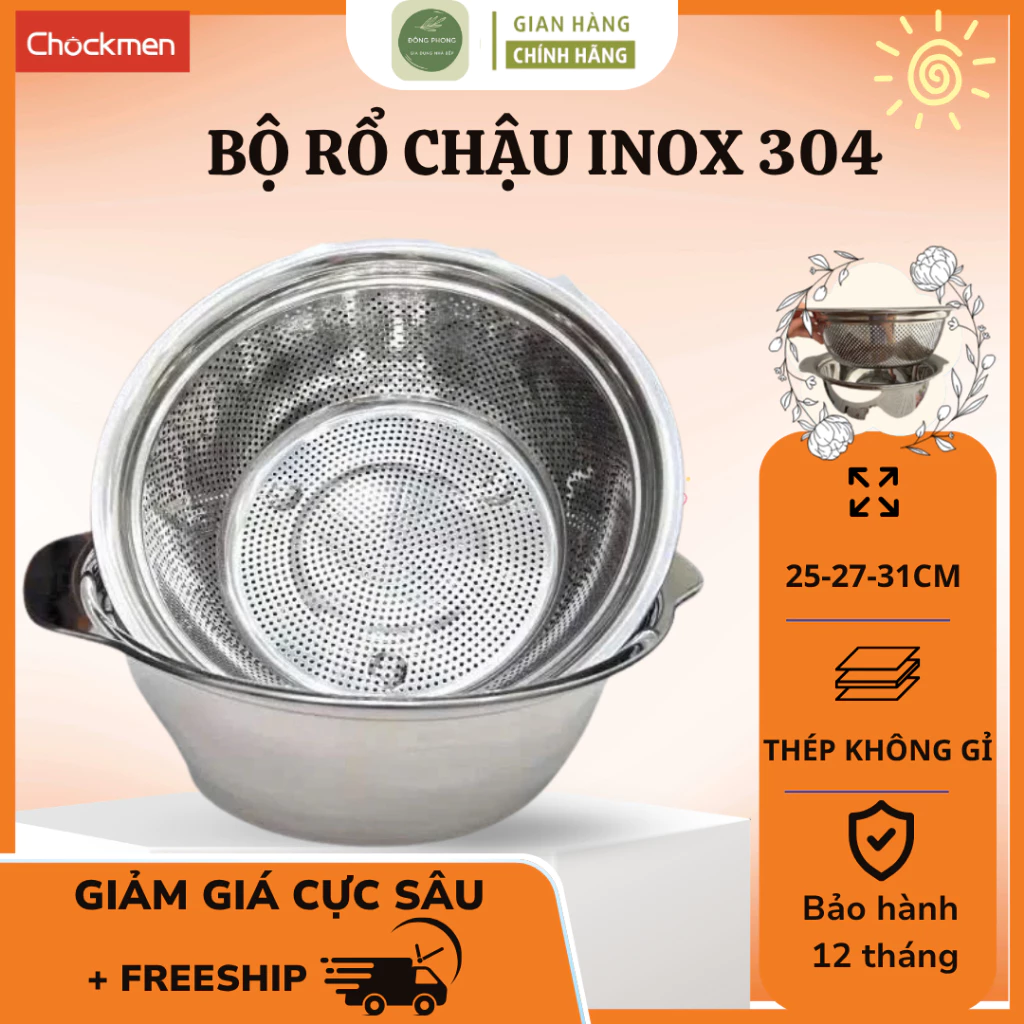 Bộ Rổ Chậu Inox 304 CHOCKMEN Đa Dạng Kích Thước, Tiện Lợi Cho Nấu Ăn Hằng Ngày - Đông Phong