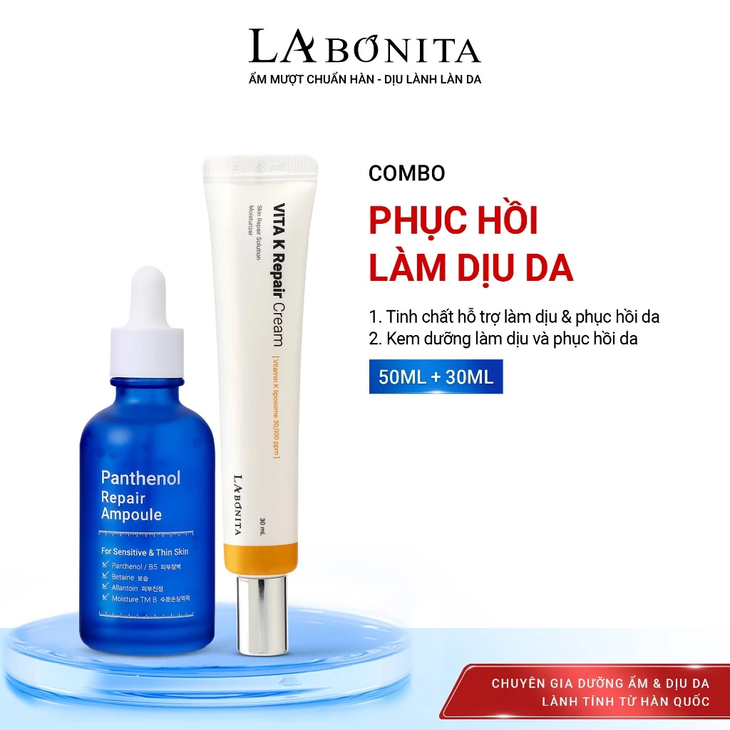 Combo Tinh chất hỗ trợ phục hồi làm dịu da La Bonita Panthenol Repair Ampoule 50ml + Kem Dưỡng La Bonita Vita K Repair