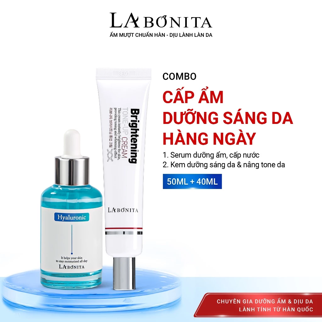 Combo Căng Bóng Làn Da Serum HA Cấp Ẩm + Kem Dưỡng Sáng Da Nâng Tone La Bonita Tone Up Brightening Cream