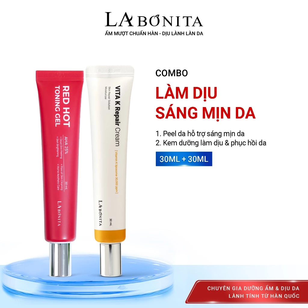 COMBO Làm Dịu Sáng Mịn Da - Kem Vita K 30ML & Peel da Labonita Red Hot Toning Gel AHA 25% 30G