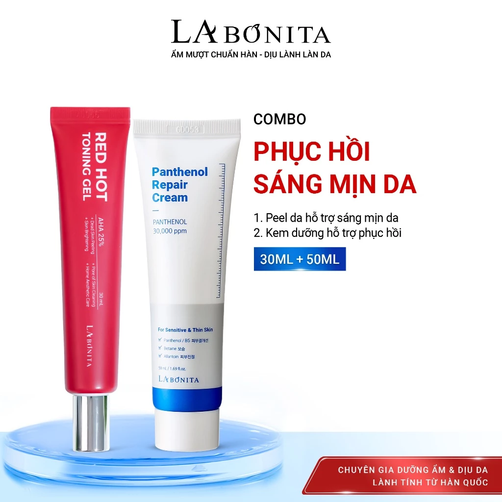 COMBO Phục Hồi Sáng Mịn Da - Kem Dưỡng 50ML & Peel da Labonita Red Hot Toning Gel AHA 25% 30G