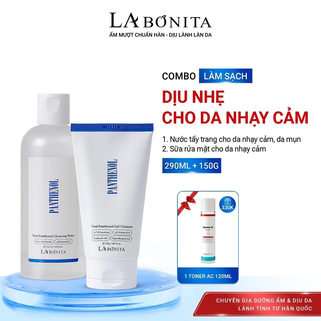 [Tặng Toner AC] COMBO Sạch Dịu Nhẹ Cho Da Nhạy Cảm - Nước tẩy trang LaBonita 290ml + Sữa rửa mặt Panthenol LaBonita 150g