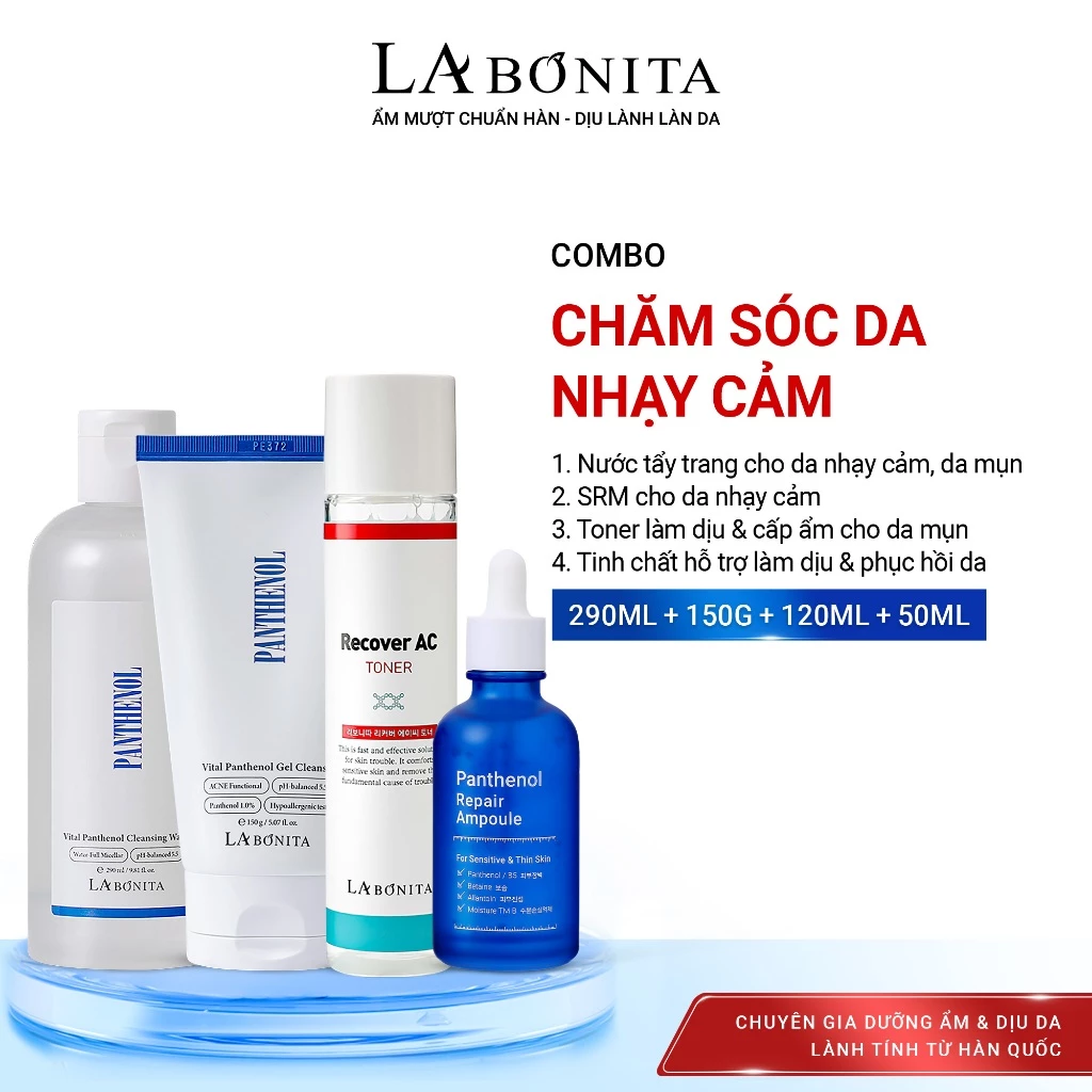 COMBO Chăm Sóc Da Nhạy Cảm-Tẩy trang Panthenol 290ml + Sữa rửa mặt Panthenol 150g + Toner AC 120ml +Serum Panthenol 50ml