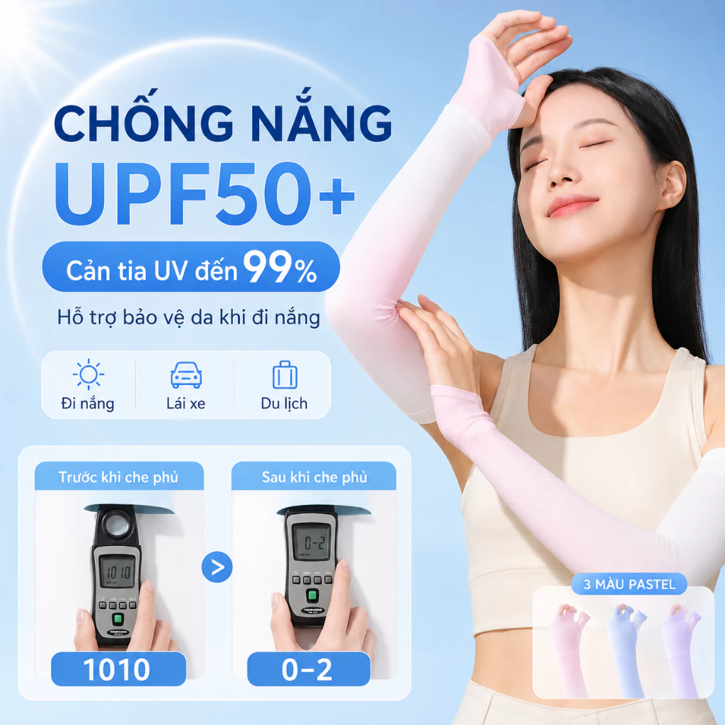 Ống tay chống nắng Shiwei upf50+ cho nữ, bao tay chống nắng làm mát, bản xỏ ngón nữ tính dễ phối đồ