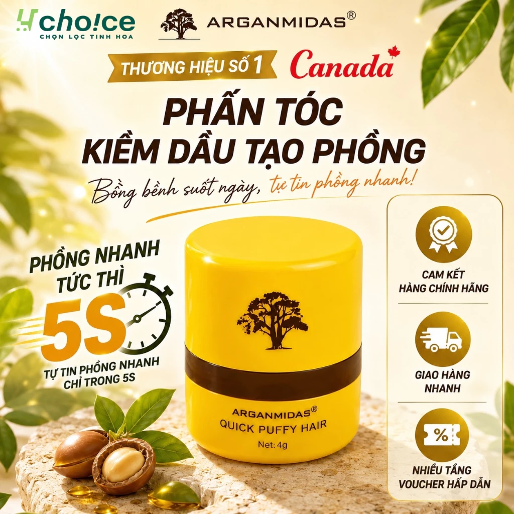 Phấn tóc Arganmidas kiềm dầu tạo phồng tóc, kiểm soát dầu thừa, hạn chế bết tóc cho mái tóc mềm mượt