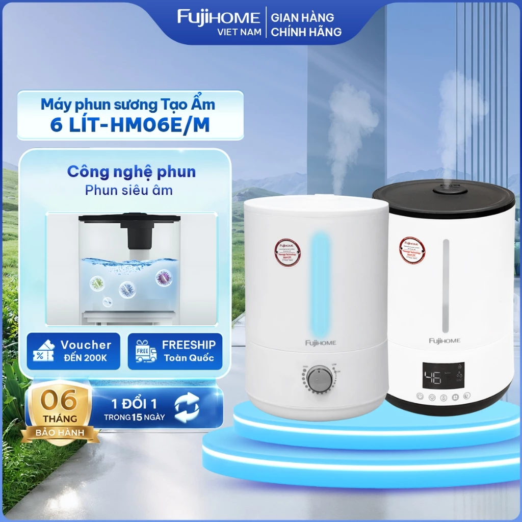 Máy phun sương tạo ẩm 6 Lít Fujihome Nhập khẩu, máy khuếch xông tán tinh dầu điều khiển từ xa 3 chế độ đèn báo độ ẩm