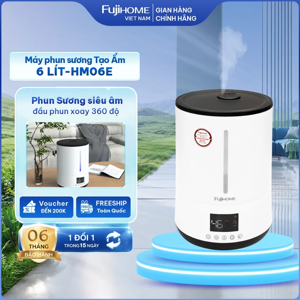Máy phun sương tạo ẩm phòng 3 chế độ phun FUJIHOME HM06E, máy khếch tán xông tinh dầu 6L điều khiển từ xa hẹn giờ