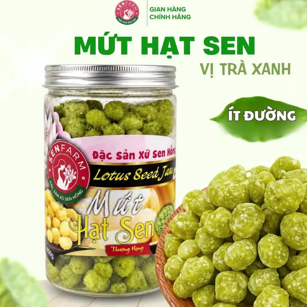 Mứt hạt sen ít đường vị trà xanh matcha Senfarm