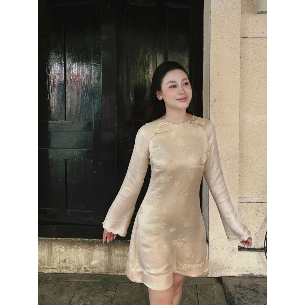 lyn- ĐẦM VÁY NỮ DÀI TAY LỤA KEM DÁNG NGẮN NỮ CHIẾT EO MIE1