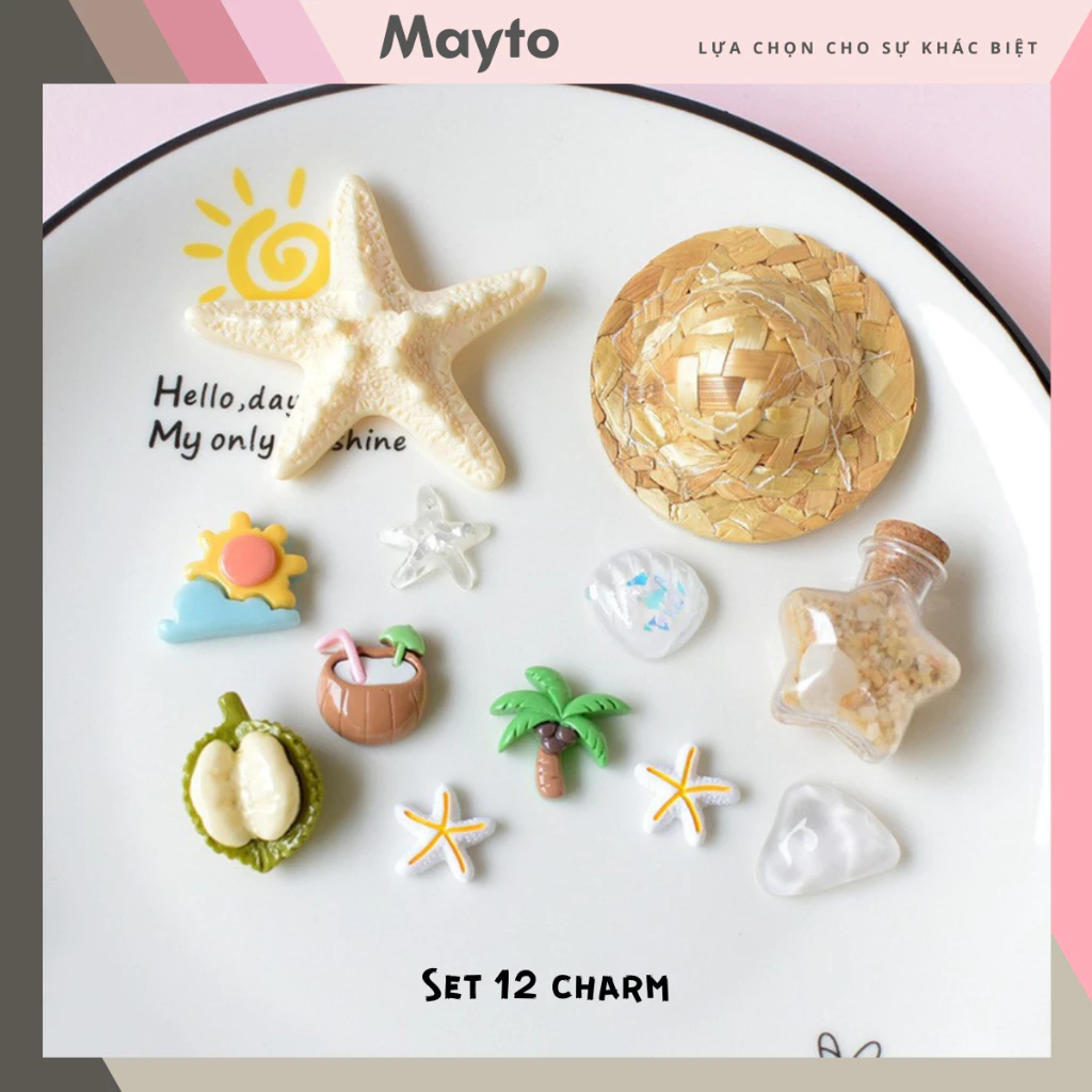 Bộ 12 Sticker, Charm 3D chủ đề Mũ rơm sao biển nhựa cứng gắn Dép Sục, Cá sấu Mayto JB-470
