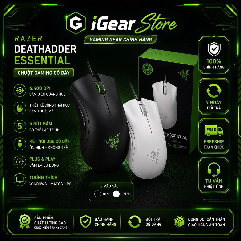 Chuột Gaming Razer DeathAdder Essential | Quang Học 6,400 DPI | 5 Nút Lập Trình | Công Tắc Cơ | Led Đơn