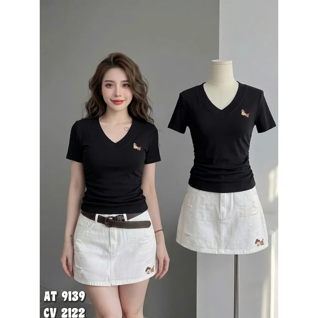 𝑩𝒊𝒈𝒔𝒊𝒛𝒆 | Áo Thun Nữ Bigsize Cổ Tim Nhún Eo Thêu Cún Borip Cotton Dày Dặn Co Giãn Form Đẹp Dành Cho Nữ 55-90kg  AT9139