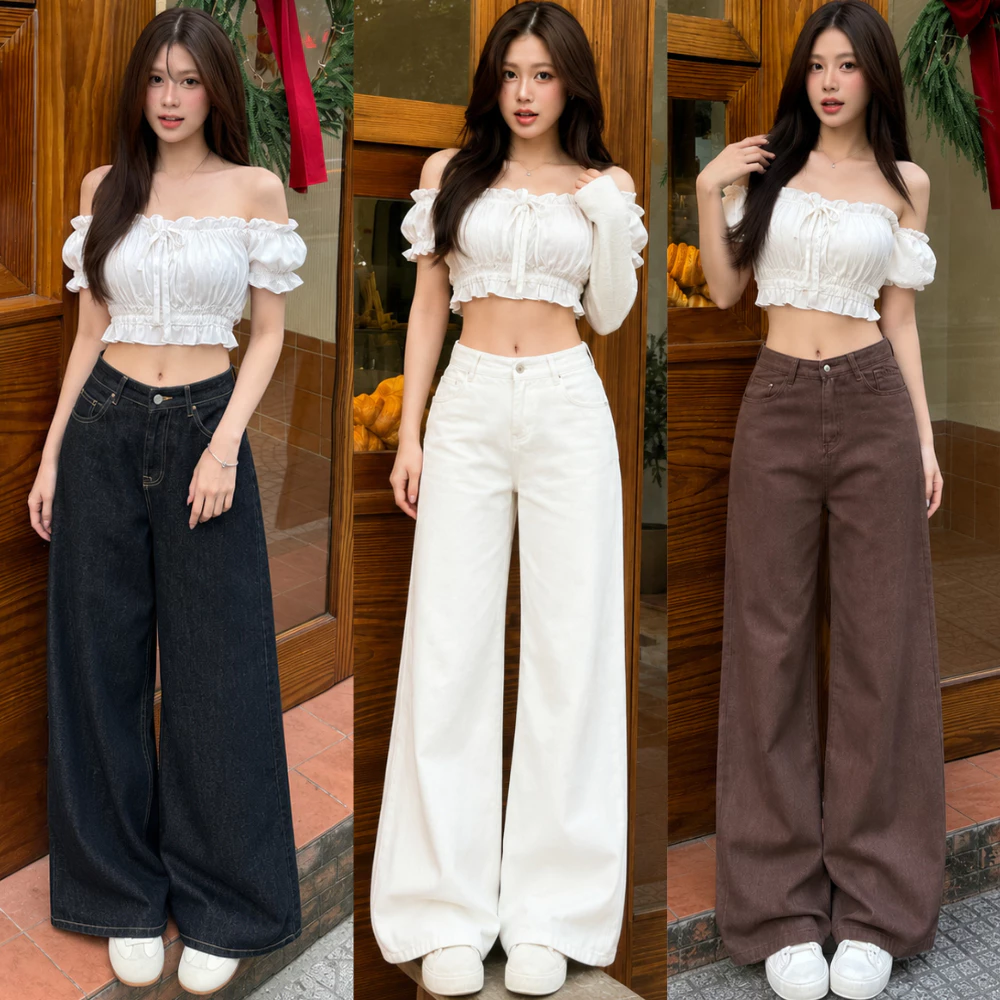 Quần jean ống rộng Cạp Cao MIAA trơn nhiều màu dáng suông ống 28cm_ Mã J09
