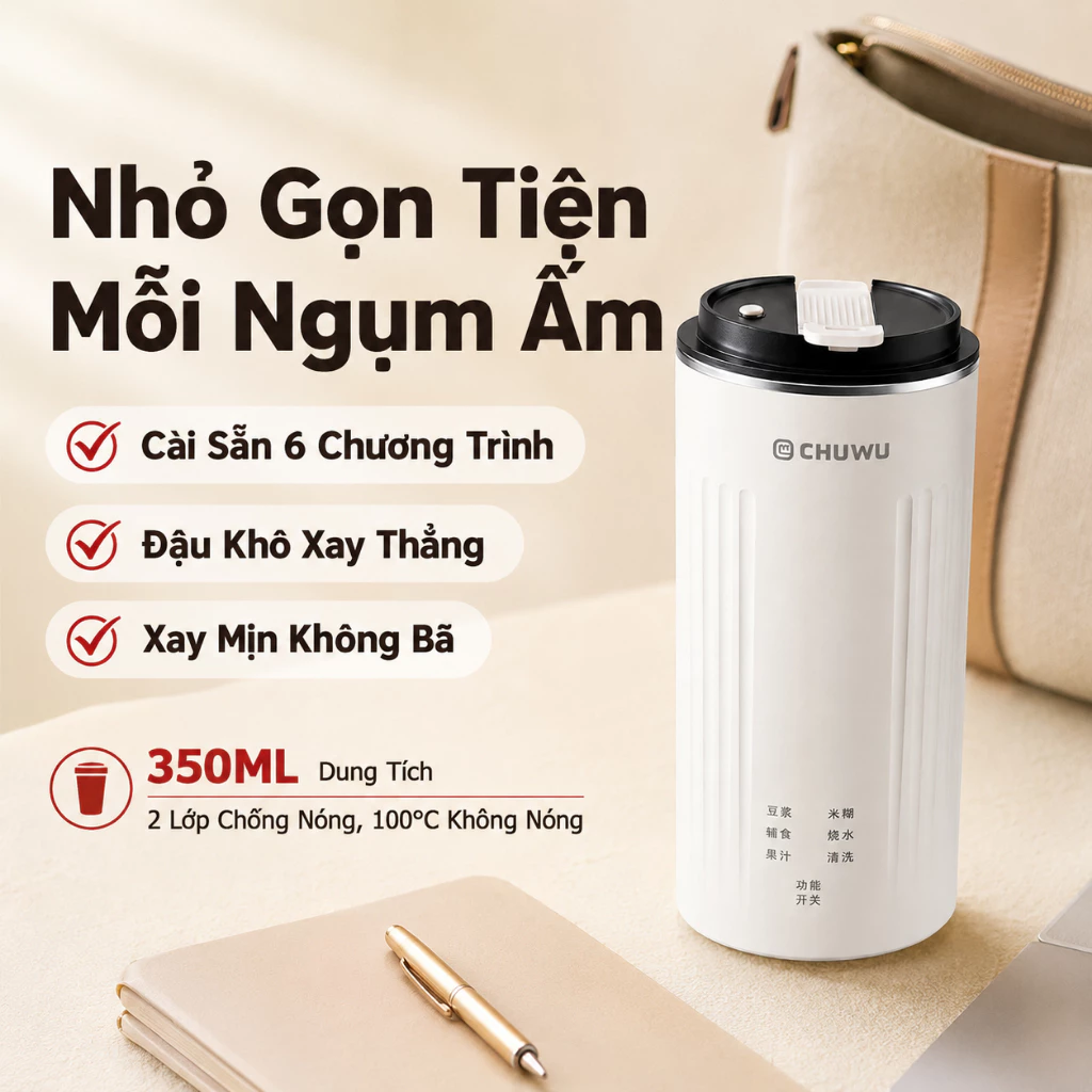 Máy Làm Sữa Hạt Mini 350ML, Lớp Lót Bên Trong Bằng Men Gốm, Có Chức Năng Giữ Nhiệt Theo Thời Gian