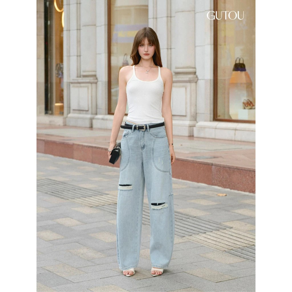 GUTOU - Quần Jeans Ống Suông Lưng Cao Màu Xanh, Quần Bò Nữ Ống Rộng Rách Gối Thêu Túi Sau G280
