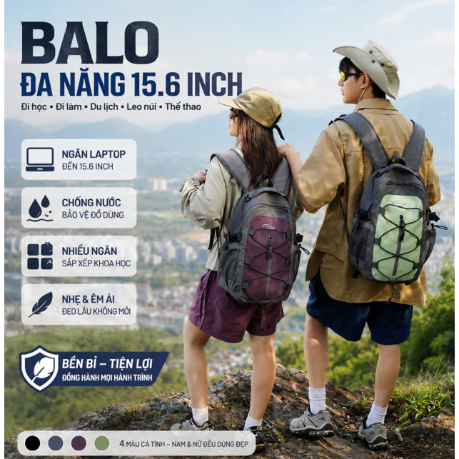 Balo Nam Nữ Chống Nước Đựng Laptop 15.6 Inch Nhiều Ngăn Gọn Nhẹ Đi Học Đi Làm Du Lịch 2-3 Ngày