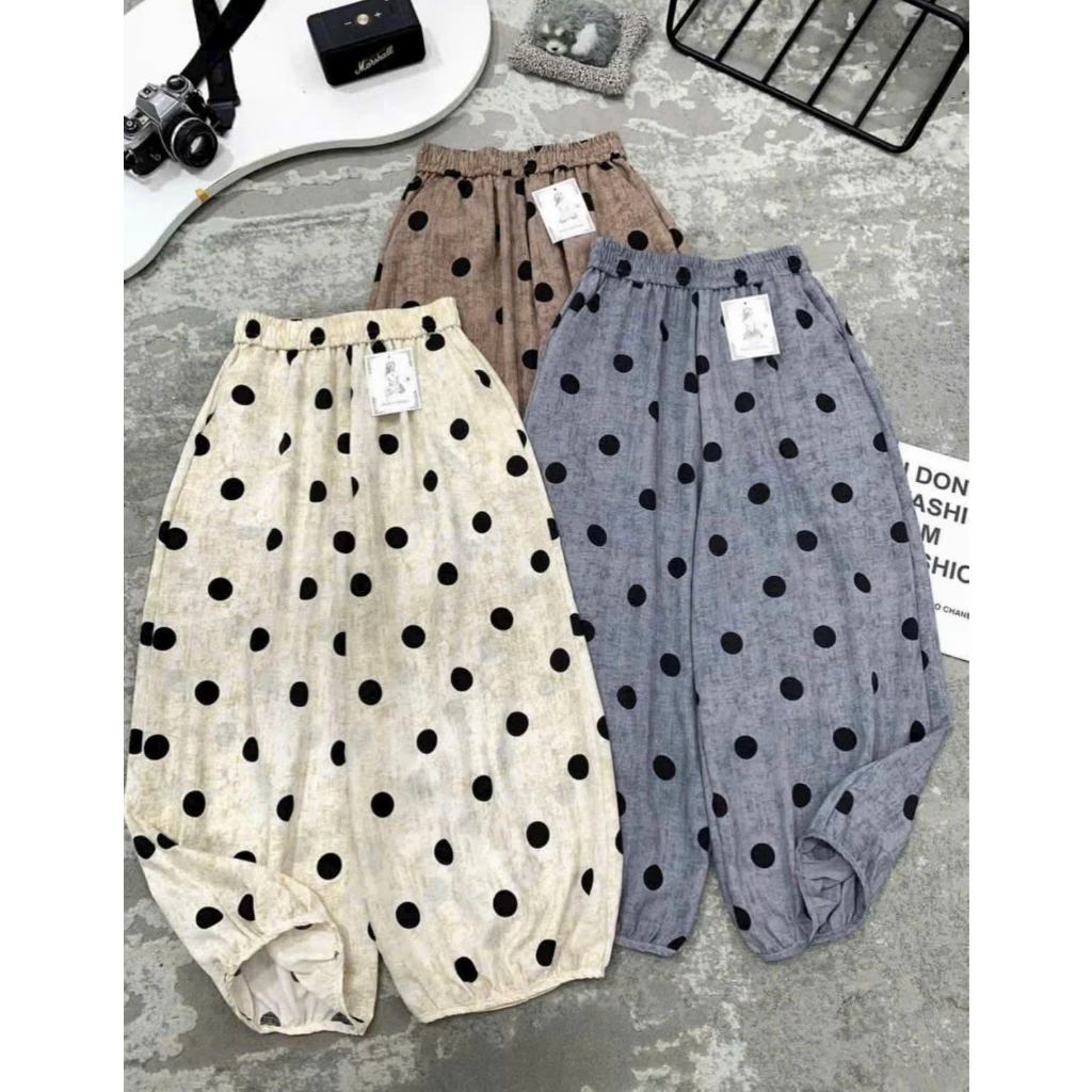 Quần đũi linen form rộng chất mềm mát, quần dài bo chun họa tiết chấm bi cap chun co giãn Hàn Quốc