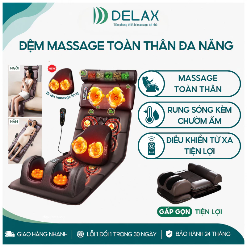 Đệm Massage Toàn Thân DELAX TMS01 Massage Cổ Vai Gáy, Lưng Eo Chân, Rung Kết Hợp Chườm Nóng Thư Giãn