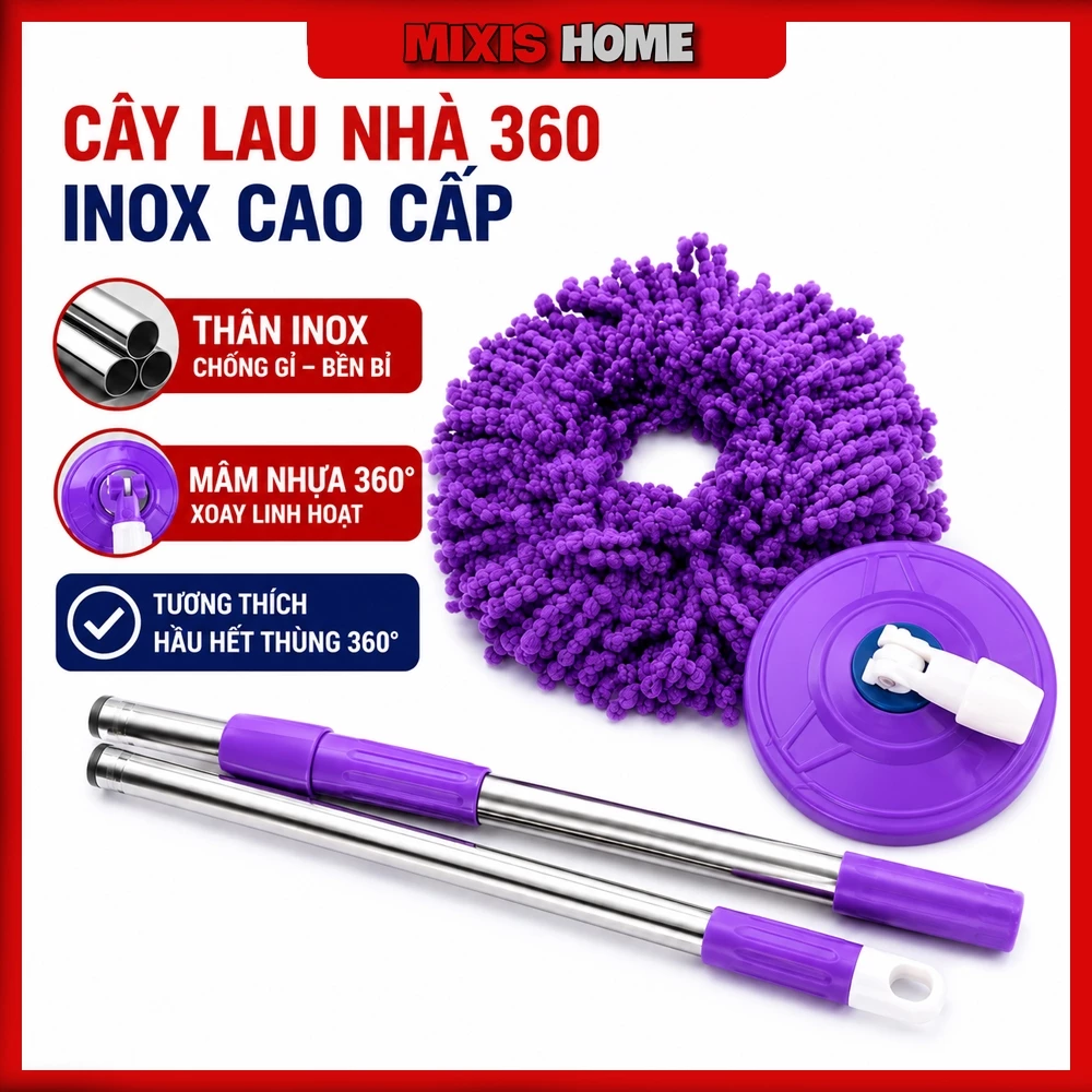 Cây Lau Nhà Xoay 360 Độ Thân Inox Cao Cấp Lau Sạch Mọi Góc Kèm Bông Lau Thấm Hút Tốt - GD368