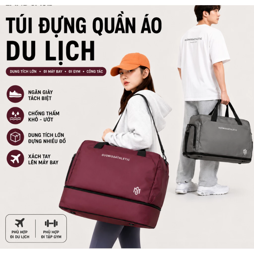 Túi Du Lịch Nam Nữ Đựng Quần Áo Chống Nước Có Ngăn Giày Khô Ướt Xách Tay Lên Máy Bay Đi Công Tác Gym 2-3 Ngày