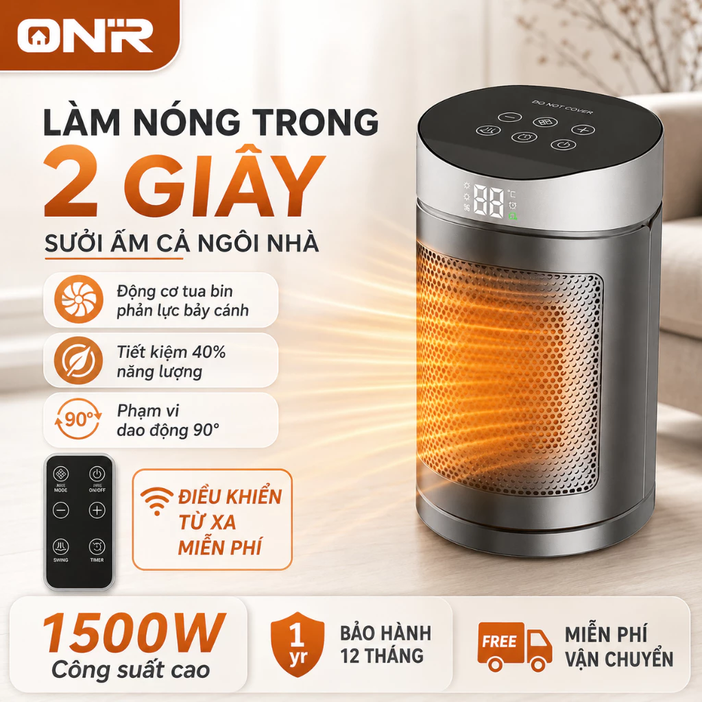 Máy Sưởi Làm Nóng Nhanh, Công Suất 1500W, Vận Hành Bằng Màn Hình Cảm Ứng, Có Điều Khiển Từ Xa