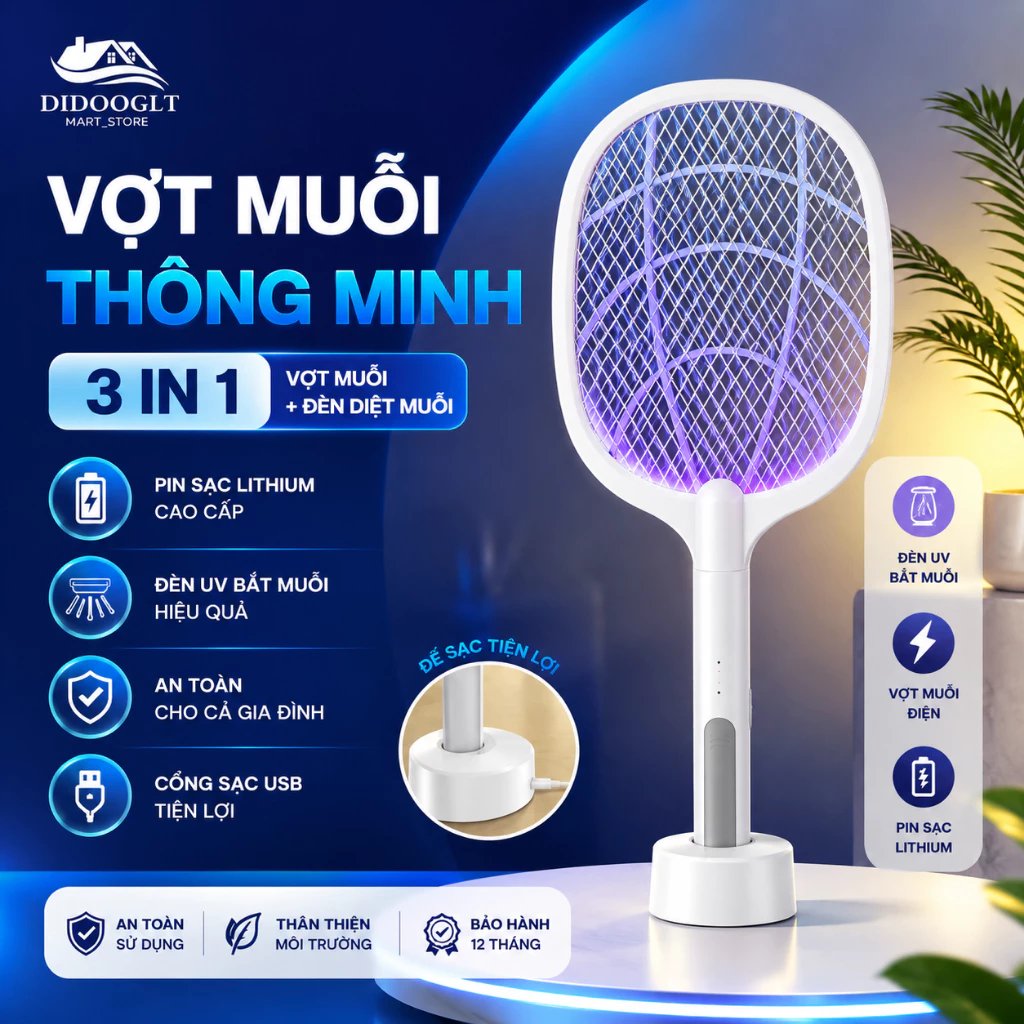 Vợt Muỗi Tự Động DIDOOGLT Kiêm Đèn Bắt Muỗi Sạc Tích Điện - Vợt Bắt Muỗi Thông Minh Để Bàn Cao Cấp