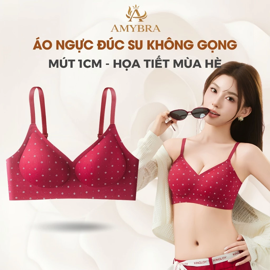 Áo Ngực Nữ Đúc Su Mịn Họa Tiết Dễ Thương, Áo Lót Nữ Không Gọng Mút Mỏng 1cm AMYBRA A974