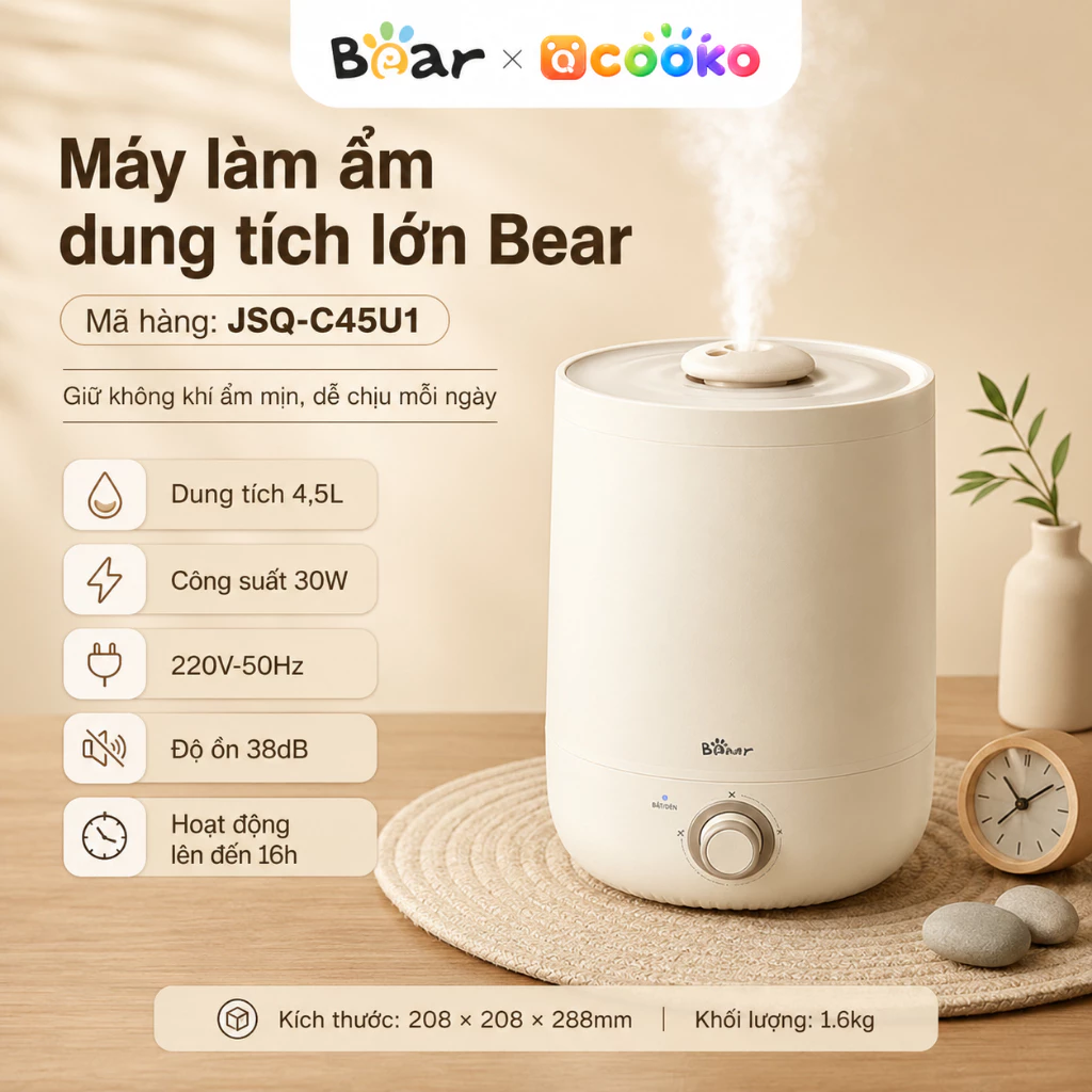 [CHÍNH HÃNG] Máy Phun Sương BEAR JSQ-C45U1 - Máy Tạo Ẩm Không Khí Khuếch Tán Tinh Dầu,dung Tích 4.5L,bảo hành 18 tháng