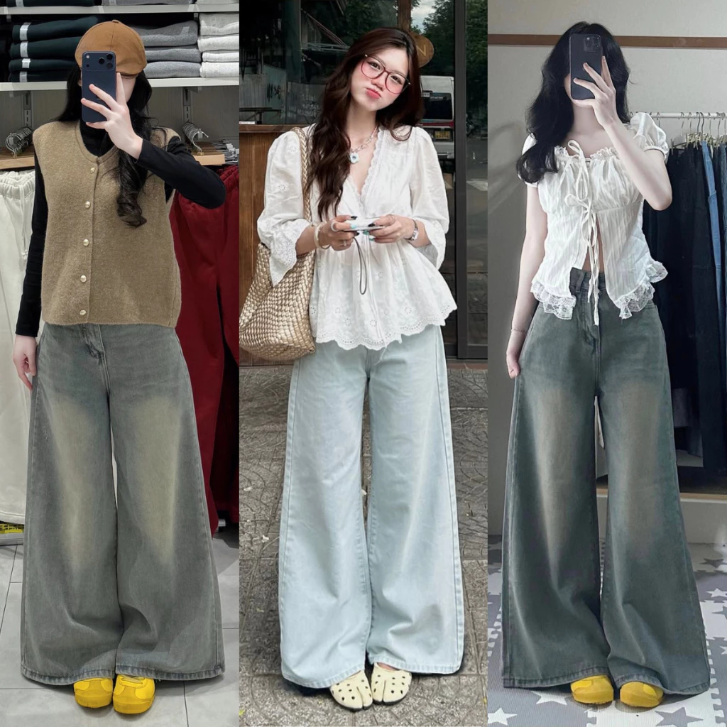 Quần Jean Nữ MIAA ống Rộng 28-32CM màu Trắng Xám Xanh Cạp Cao chất jean dày dặn Đầy ĐỦ SIZE