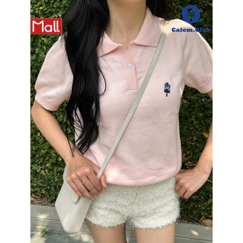 Calem.Club - Áo Polo Nữ Dệt Kim ICEPOP họa tiết Thêu Mini vải trơn form nữ áo len nữ