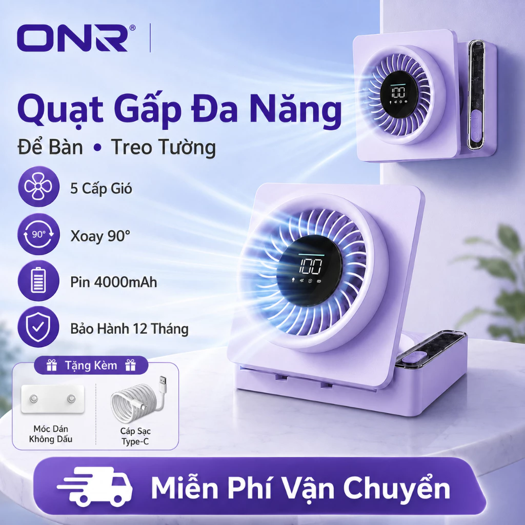 Quạt Bàn Tích Điện 4000mAh, 100 Mức Gió, Màn Hình LED, Treo Tường, Gấp Gọn, Sạc Type-C, Hẹn Giờ 6H