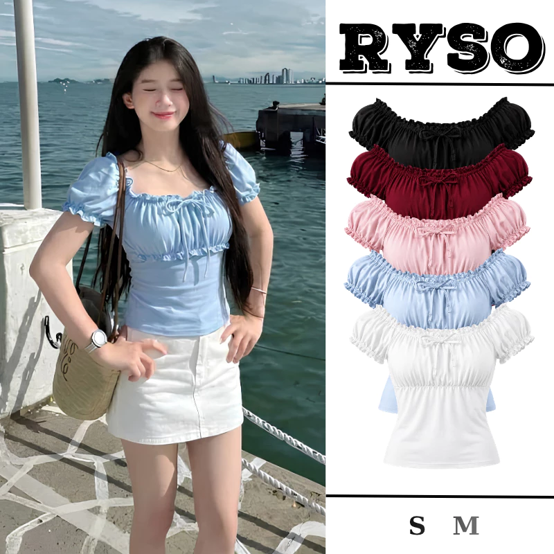 Áo Trễ vai Tay Ngắn Nhún Ngực Tay Bồng Phối Nơ Tôn Dáng Màu Pastel Trendy TN16 RYSO STORE