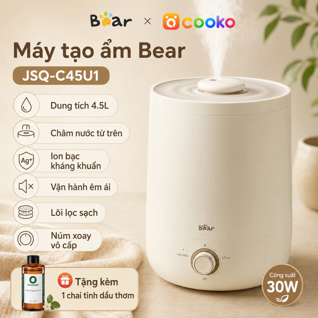 (ĐỜI MỚI NHẤT) Máy phun sương tạo ẩm Bear máy khuếch tán tinh dầu với bộ lọc Ion bạc diệt khuẩn, tạo độ ẩm không khí