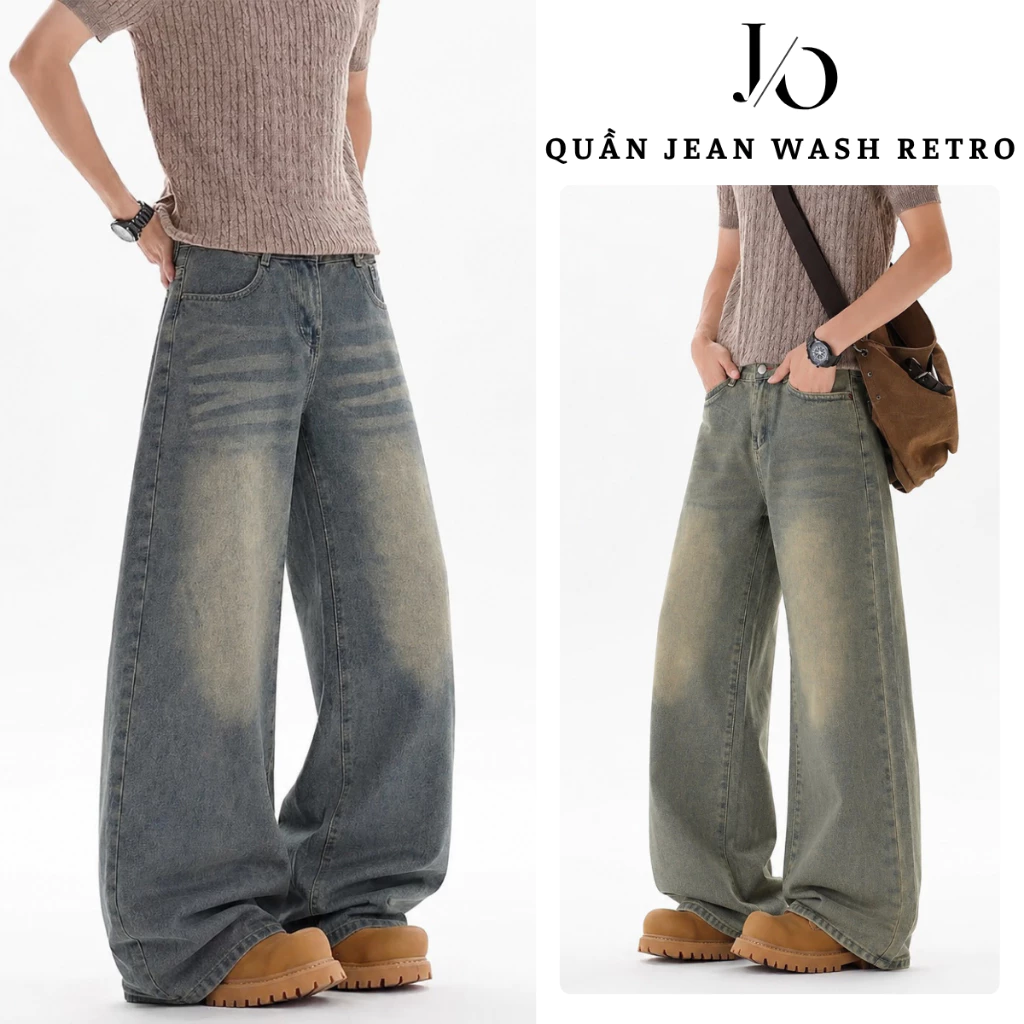 Quần Jean Nam Xanh Đen Wash Retro Suông Ống Rộng Lưng Cao Quần Jean Unisex Form Suông Dáng Dài BIGSIZE