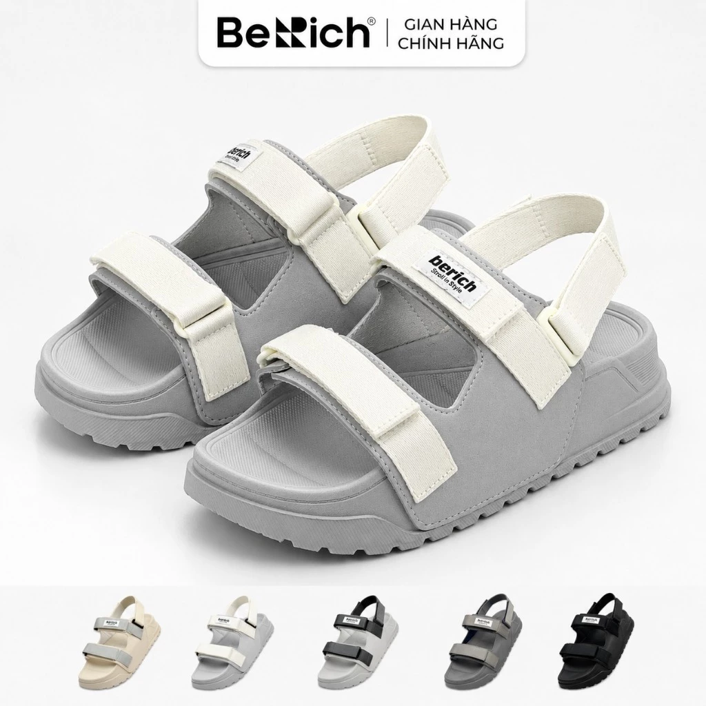 Sandal BERICH Quai Ngang Unisex Siêu Nhẹ Bền Êm Chống Trơn Trượt Màu Xám Trắng BE977