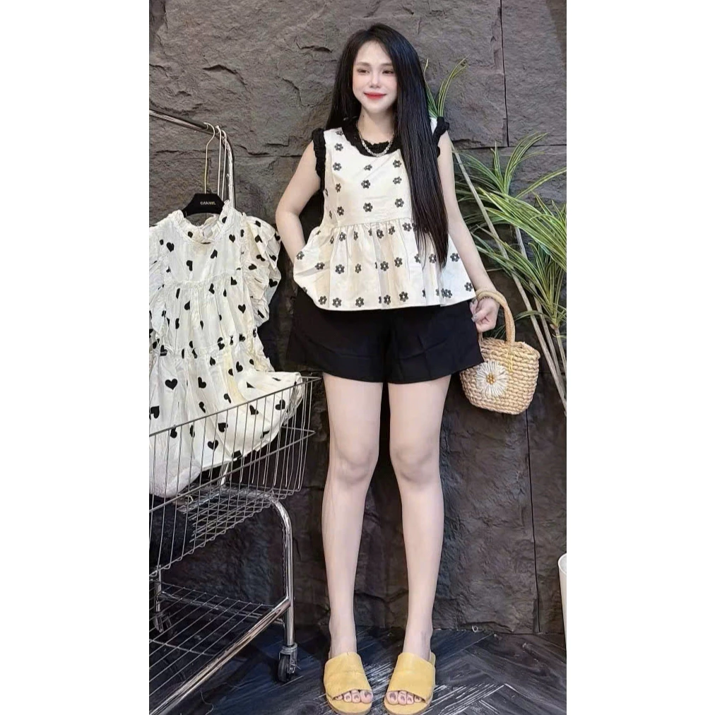 Set thiết kế in full phối bèo phom tiểu thư + quần đùi lưng cao, Sét bộ tiểu thư đi dạo siêu xinh