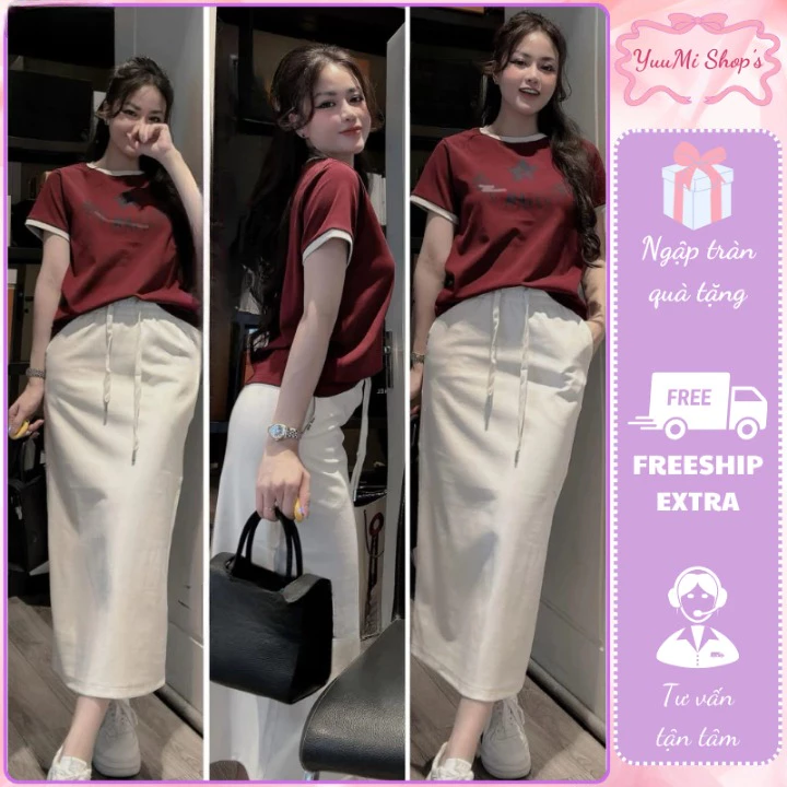 Bộ quần áo nữ áo phông cộc tay phối chân váy dài dáng suông cạp chun dây rút vải thun cotton trẻ trung HCOM25286
