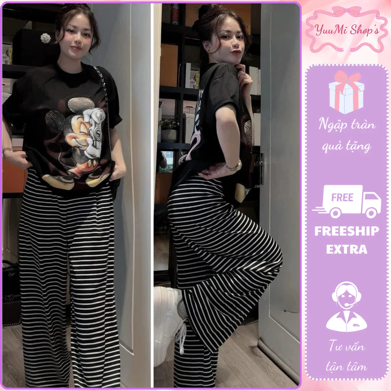 Đồ bộ nữ,set đồ nữ áo phông đen cổ tròn cộc tay in hình mickey phối quần dài suông họa tiết kẻ sọc ngang Yuumi HCOM25315