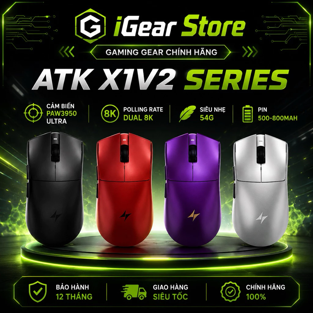 [NEW BH12T] Chuột Gaming Không Dây ATK X1 V2 Series, Nordic 54H20, PAW 3950 Ultra, 800mAh, 54g, Dongle GEM 8K